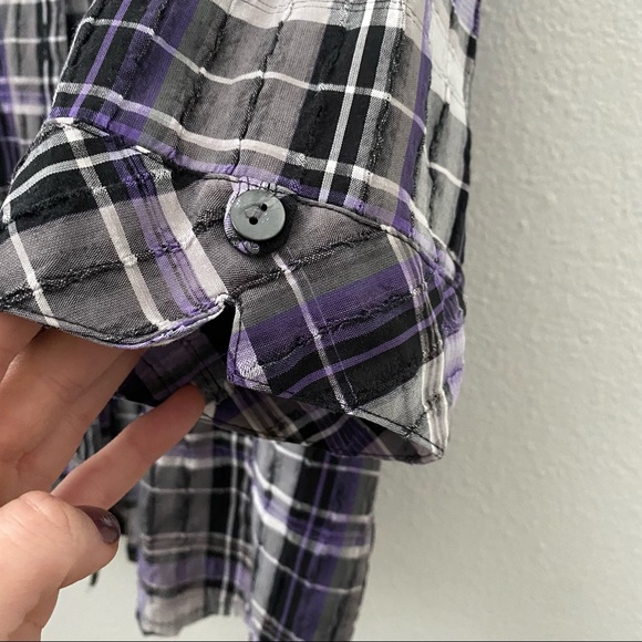 Allison Daley Purple Plaid Textured Button Down 3/4 Sleeve - Picture 3 of 13
